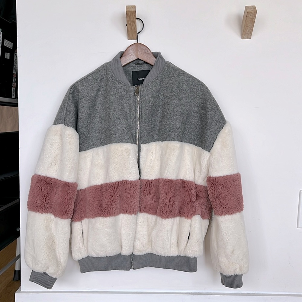 Bershka faux fur shearling fleece jacket, size M, gray white and dusty pink